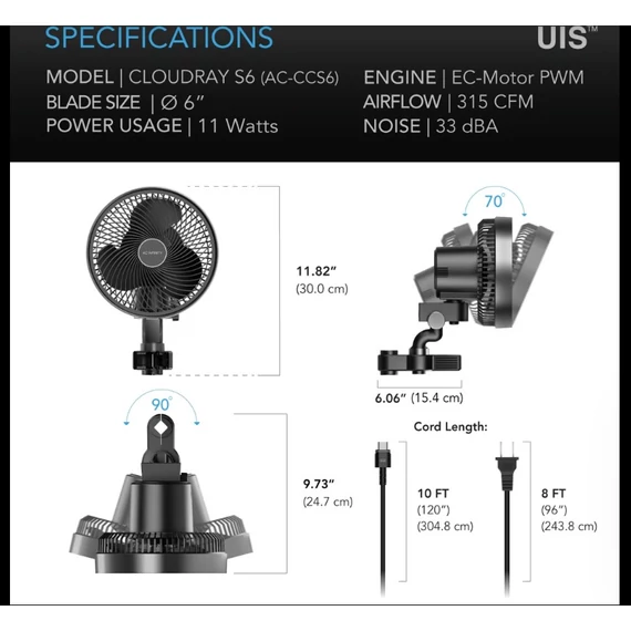 AC Infinity Cloudray S6 GEN2 csíptethető ventillátor 10 sebességes automatikus oszcilláló 150 mm 535m3/h