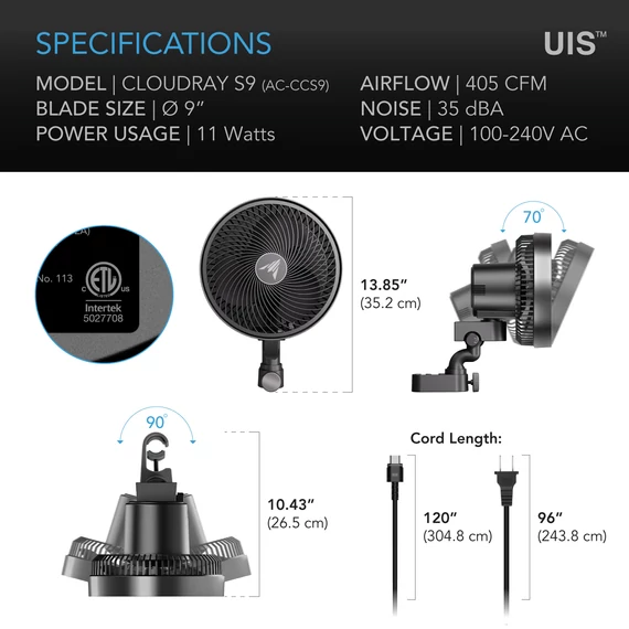 AC Infinity Cloudray S9 GEN2 csíptethető ventilátor 10 sebességes automatikus oszcilláló 225mm 688m3/h 