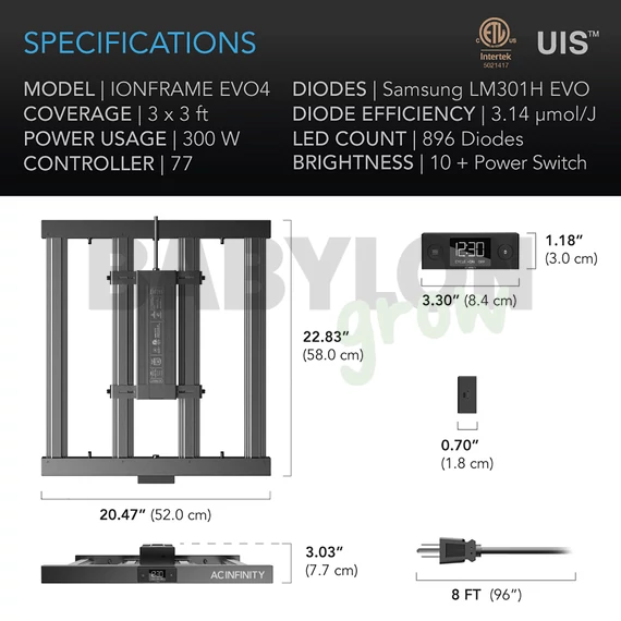 AC Infinity Ionframe EVO4 Samsung LM301H Growing LED 90x90 cm 300W