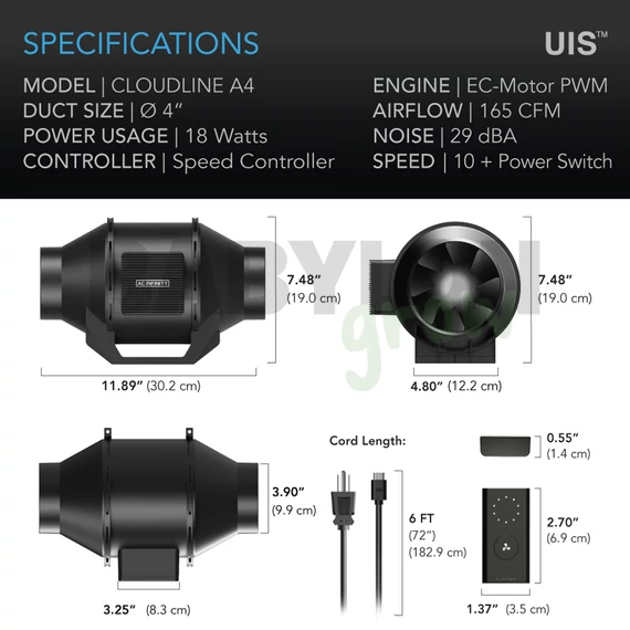 AC Infinity Cloudline Lite A4 ventilátor sebességszabályzóval 100 mm