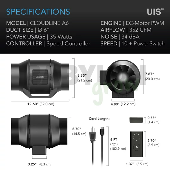 AC Infinity Cloudline Lite A6 ventilátor sebességszabályzóval 150 mm