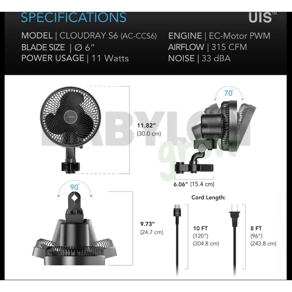 AC Infinity Cloudray S6 GEN2 csíptethető ventillátor 10 sebességes automatikus oszcilláló 150 mm 535m3/h