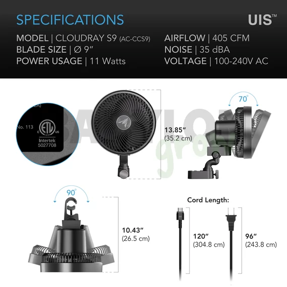 AC Infinity Cloudray S9 GEN2 csíptethető ventilátor 10 sebességes automatikus oszcilláló 225mm 688m3/h