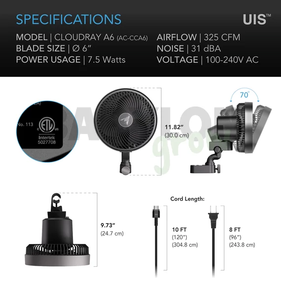 AC Infinity Cloudray A6 csíptethető ventilátor 10 sebességes manuális 150 mm