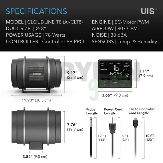 AC Infinity Cloudline T8 Inline ventilátor hőmérséklet és pára szabályzóval 200 mm 1371 m3/h